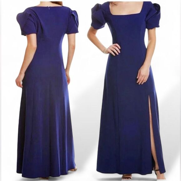 NWT Belle Badgley Mischka Puff Sleeve Gown in Navy Blue - Picture 10 of 15